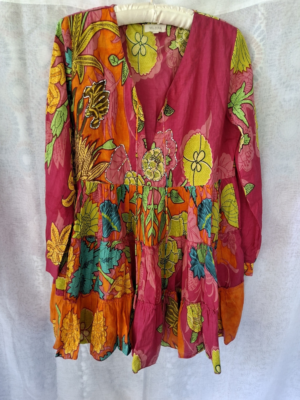 Velzera Womens Bright Floral Pink and Orange Tiered Dress